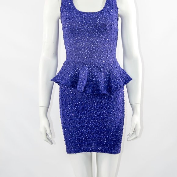 Peplum Bodycon Lace Blue Dress Short Iridescent Party Cocktail Mini Sz Small - Picture 3 of 5